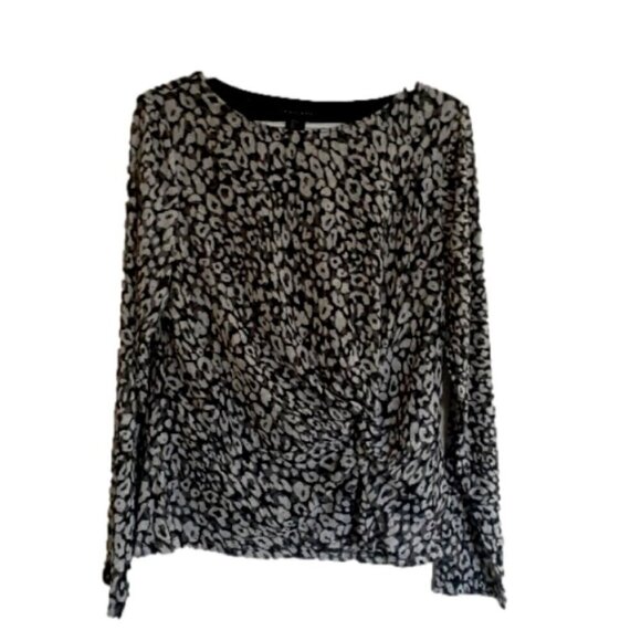 Tahari Women's Large Black, White & Gray Leopard Print Long Sleeve Mesh Blouse - Picture 2 of 12